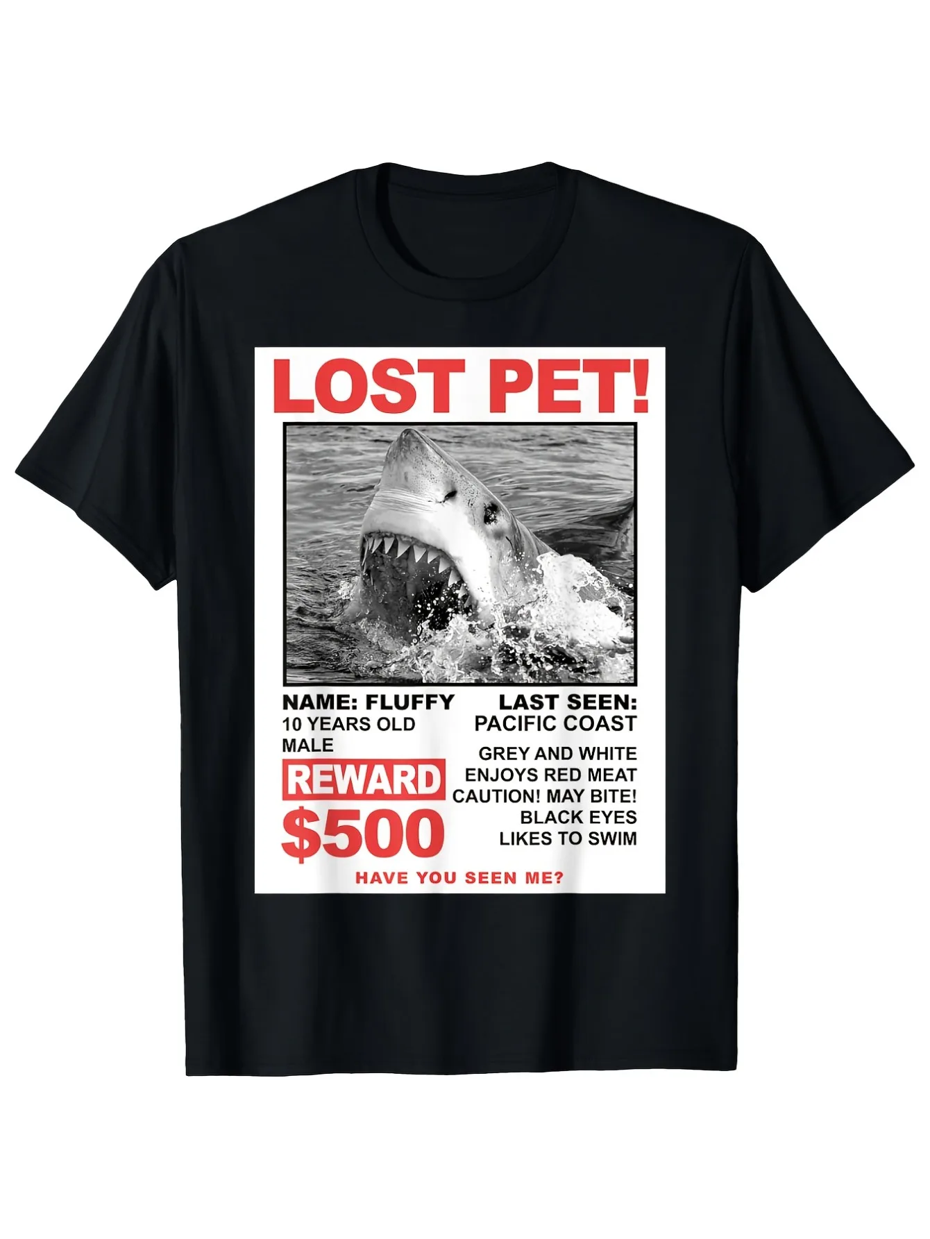 2026 New Men'S T-Shirt Unisex Fun Shark Pet Search Bounty T-Shirt Black Casual Crew Neck T Shirt