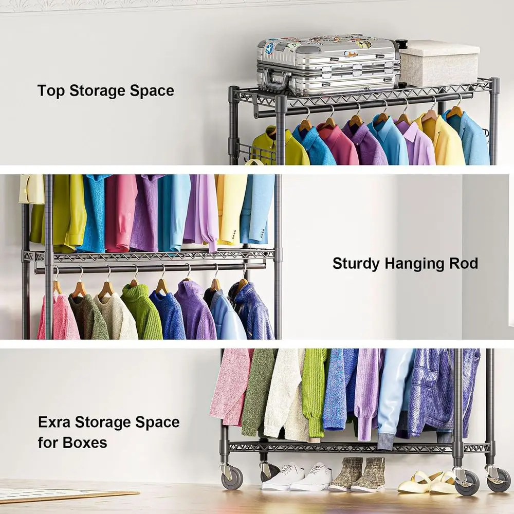 Adjustable 3-Tier Rolling Clothes Rack with 2 Rods, Side Hooks, and Wheels - Black