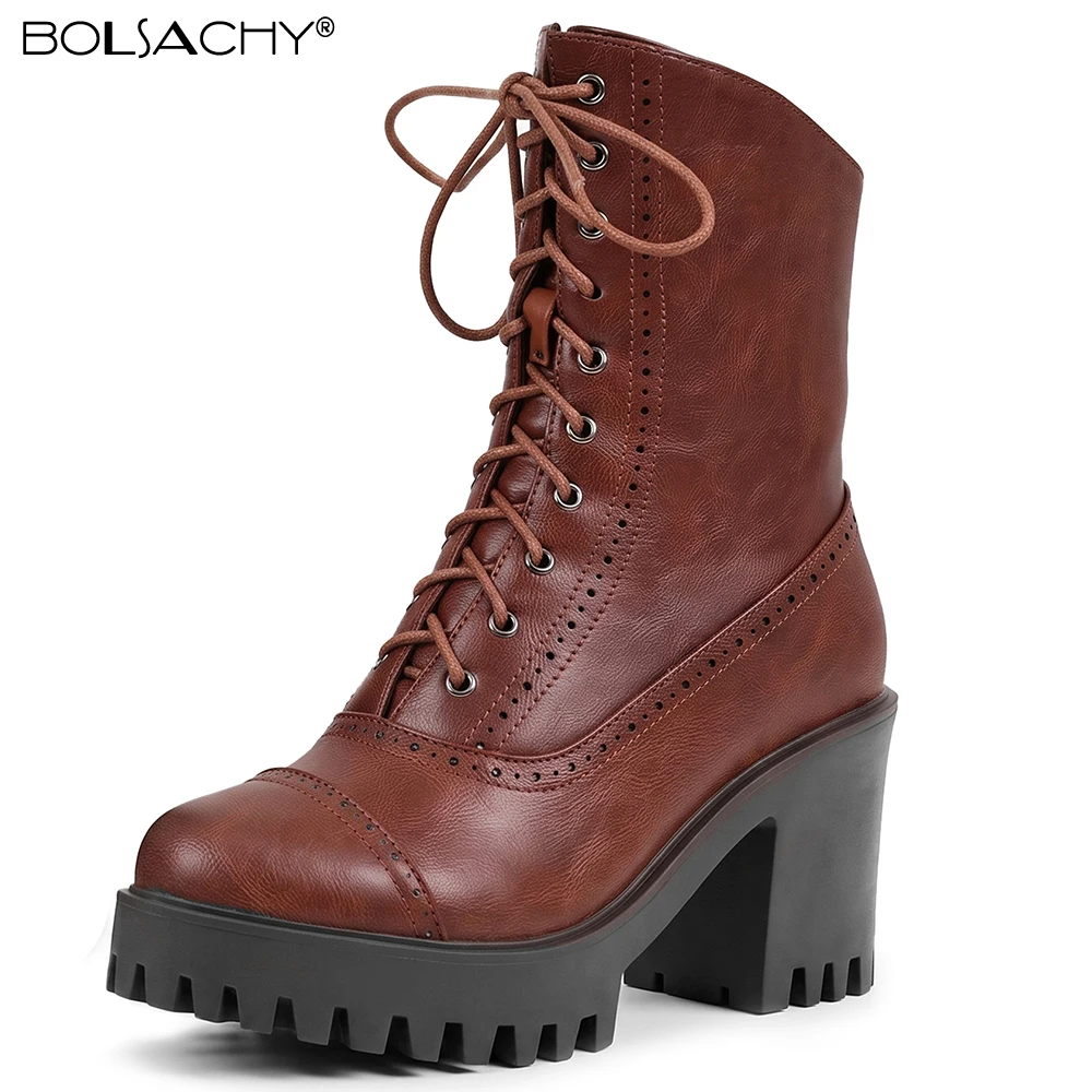 Punk Motorcycle Short Boots Women Leisure Waterproof Block Ankle Boots Platforms PU Leather Lace-Up Round Toe Thick Bottom Shoes