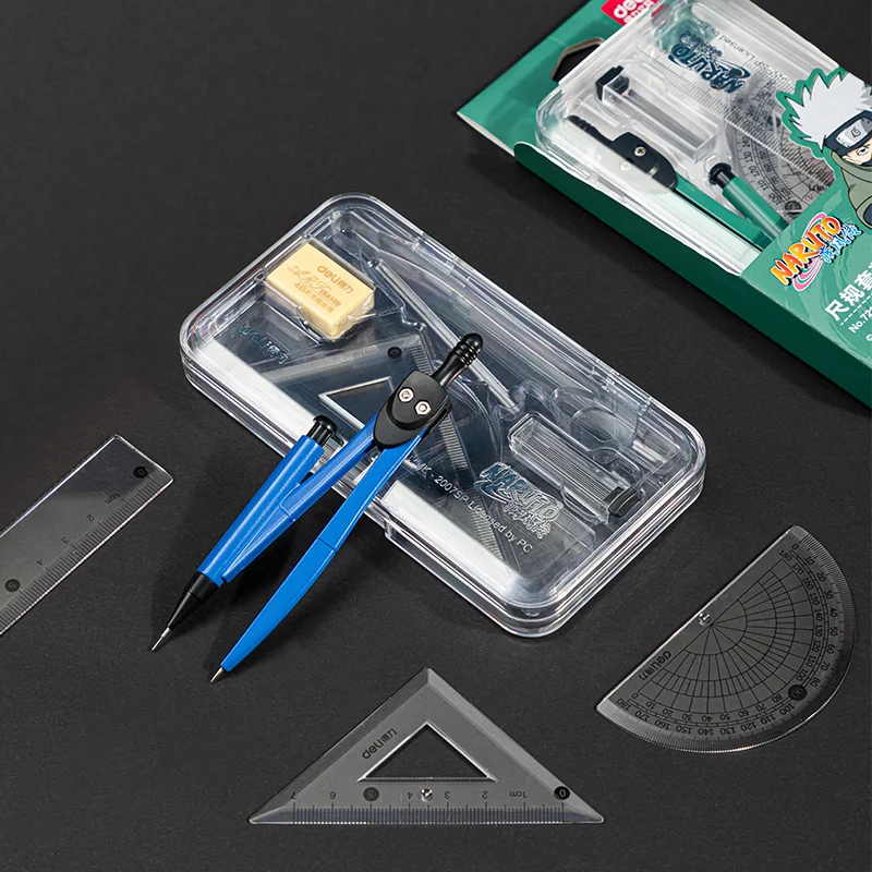 7Pcs/Set Deli 72162 3 Colors Naruto Ruler Suit Compass Rubber Protractor Supplies School Office Stationery Set