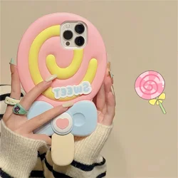 Korean Cute 3D super sweet lollipop pink silicone phone case for iPhone 11 12 13 14 15Pro Max Fun cartoon protection soft cover