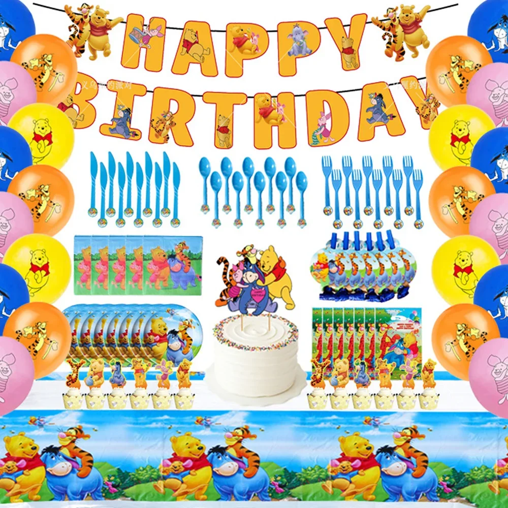 Suministros para fiesta de cumpleaños con tema de Winnie de Disney The Pooh, decoraciones para niños, fiesta familiar, pancarta de Winnie The Pooh, platos, pajitas y tazas