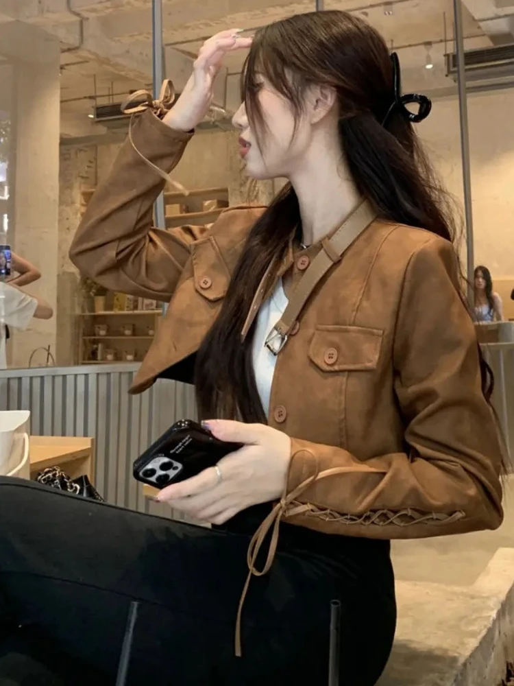 Khaki Biker Jackets for Women American Style Retro Cool Streetwear Autumn New Cropped Outerwear Hot Sweet Female Stylish Lace-up