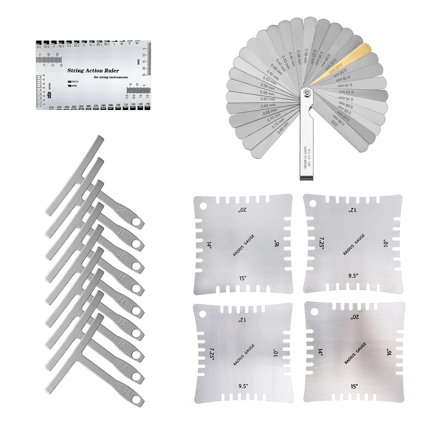 

14 шт., набор измерительных инструментов для гитары, набор струнных линеек, измеритель радиуса под струной, инструменты для ремонта музыкальных инструментов для гитары