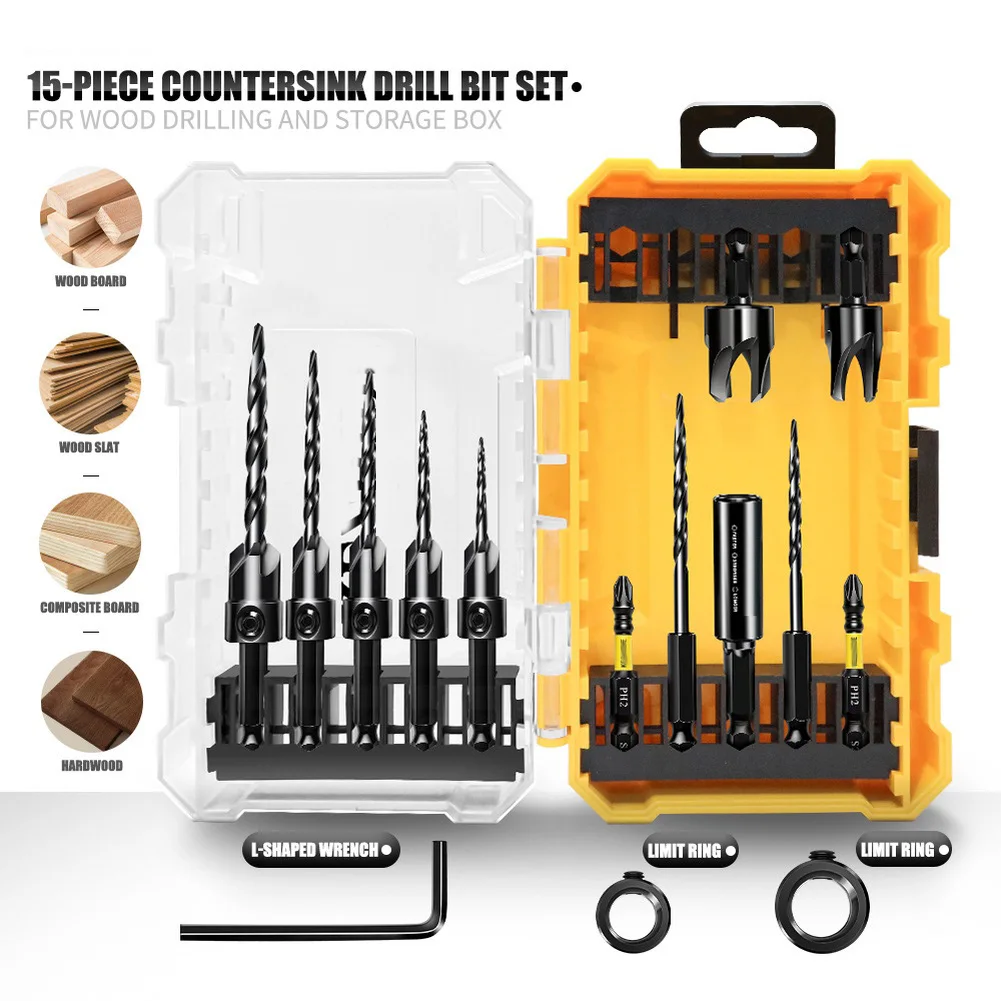 Steel Magnetic Countersink Drill Bits 15pcs Hex Shank Design for For wood Metal Drilling and Reliable Screw Handling