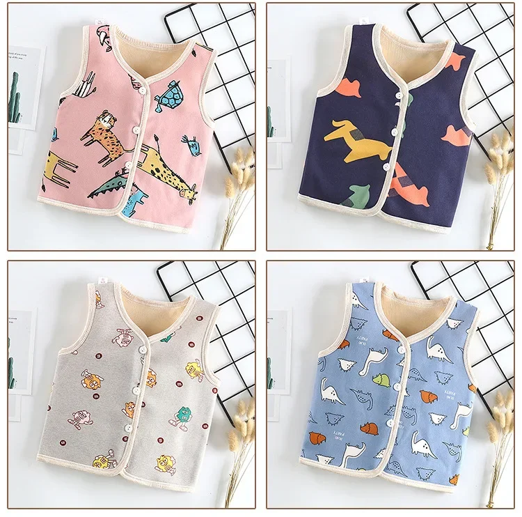 Autumn Winter New Double-sided Baby Kids Vests Plush Thickened Children Boys Outerwear Vest Cartoon Cute Girls Infant Waistcoats