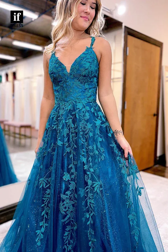 Xijun Glitter Blue Evening Dresses Lace Party Dresses Prom Dress Spaghetti Strap A-Line Prom Gowns Flower Appliques 2023 V-Neck