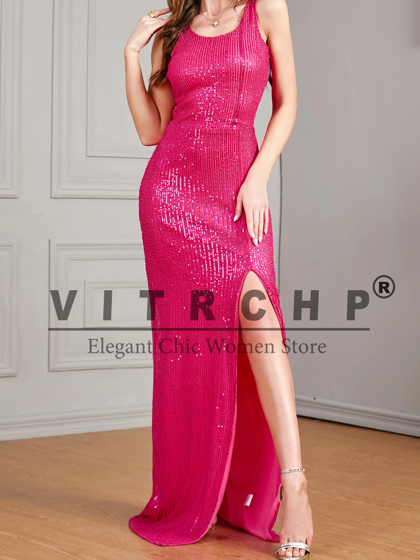 VITRCHP Women Sequin Long Prom Dress V Neck Rose Red Sequin Evening Dress Sexy Party Mermaid Sparkling Maxi Dress