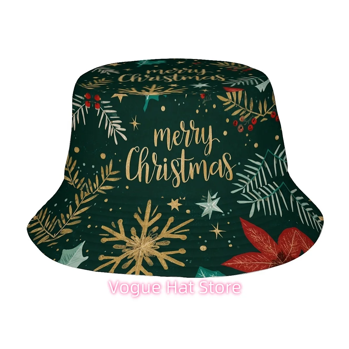 This One-Piece Fisherman Hat Features Golden Lettering That Says Merry Christmas, Along with Snowflakes, Stars, Holly Leaves, An