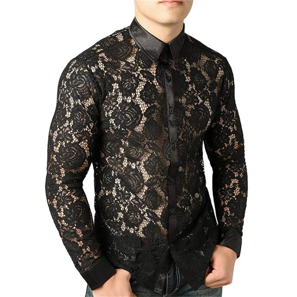 Full Lace Fashion Nightclub Stage Wear Men's Long Sleeve Lapel Shirt Men's Shirt Perspective Tops