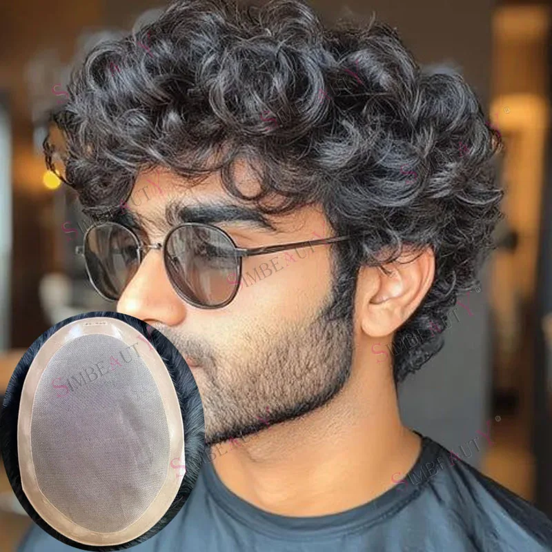 

European Man 100% Human Hair Wigs Replacement Fine Mono Base Men Toupee 24mm Natural Curly Hair Prothesis Capillary System Piece