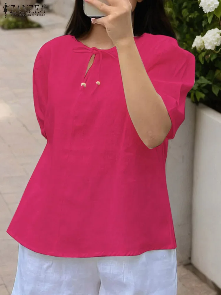 ZANZEA Damska Casualowa Bluzka Modne Koszule Krótki Rękaw Dekolt O-Neck Bandaż Tunika Top 2025 Lato Luźna Jednolita Kolor Elegancka Bluzka