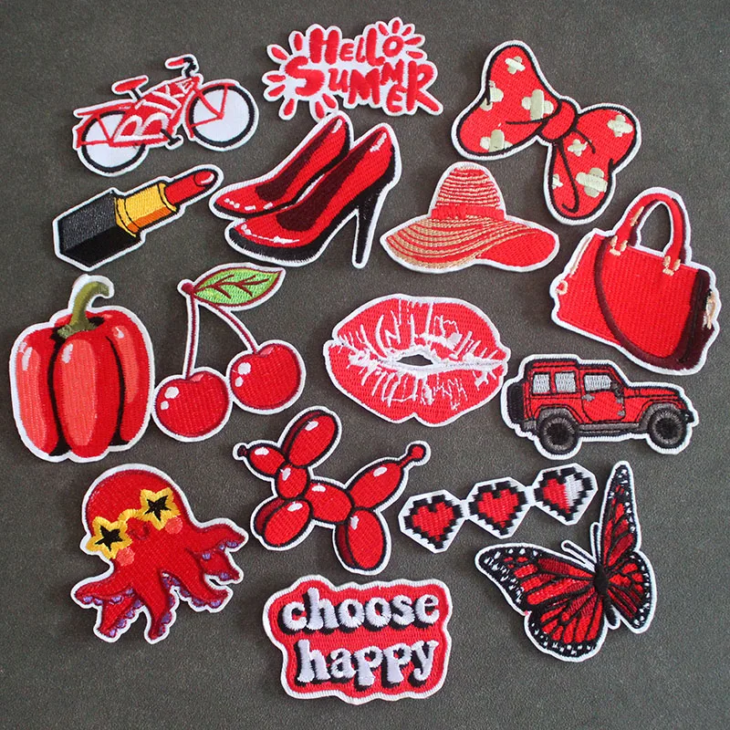 Cartoon Red Cloth Patches Lip Print Lipstick Iron On DIY Girl Badges Embroidery Applique Jackets Stickers 16 Pcs/Lot