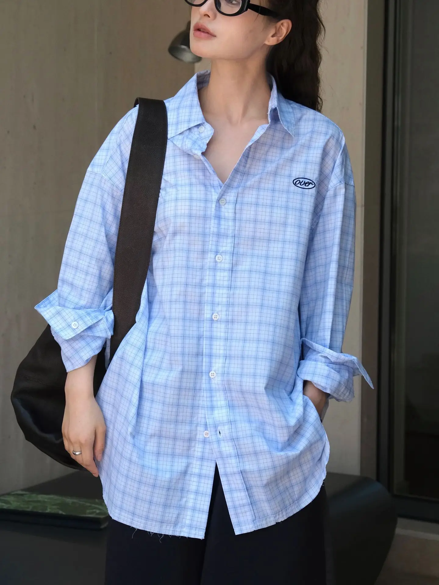 Spring and summer women's casual plaid collar long sleeved loose shirt