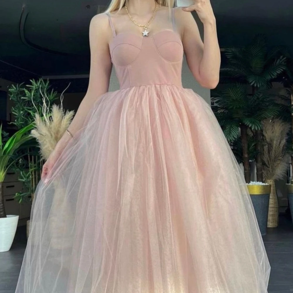 Bride Pink Dresses for Prom Luxurious Turkish Evening Gowns for Women Elegant Party Fairy Tea Length Simple Female Banquet Gowns