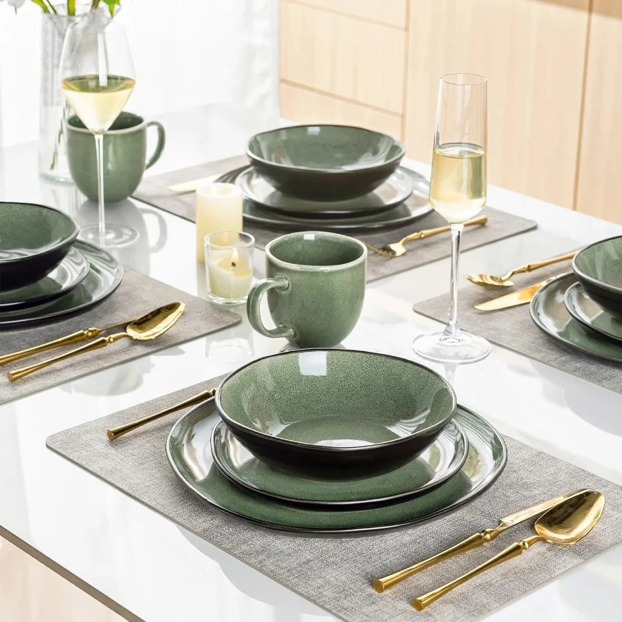 أطقم أواني طعام سيراميك مصنوعة يدويًا مع طلاء تفاعلي لتناول الطعام اليومي والمناسبات الخاصة، رقاقة عالية ومقاومة للشقق