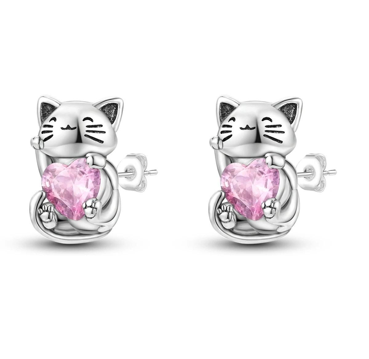 

925 Sterling Silver Stud Cat Pink Heart Qute Earring For Girl Fashion Jewelry Gift