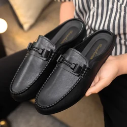 Lightweight Half Shoes For Men Mules Summer Man Slides Slip On Flats Men Driving Casual Shoes Leather Semi-Drag Loafers Slippers