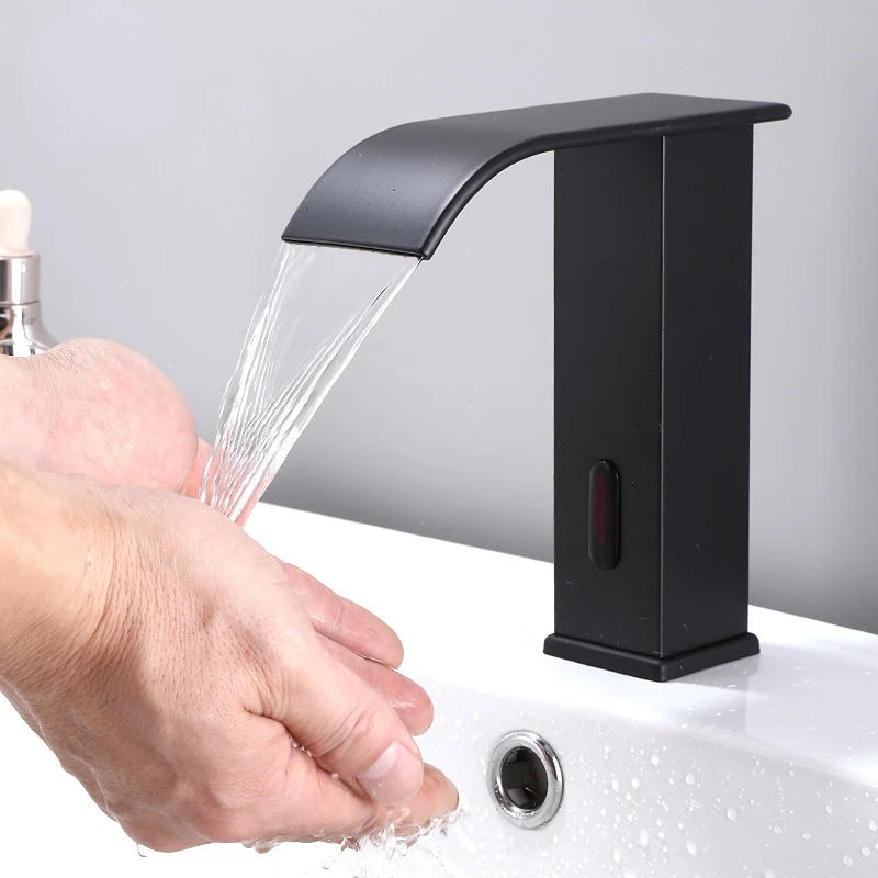 Black Smart Automatic  Sensor Waterfall Basin Faucet  Battery Power Hot&Cold Water Mixer Crane Bathroom Tap