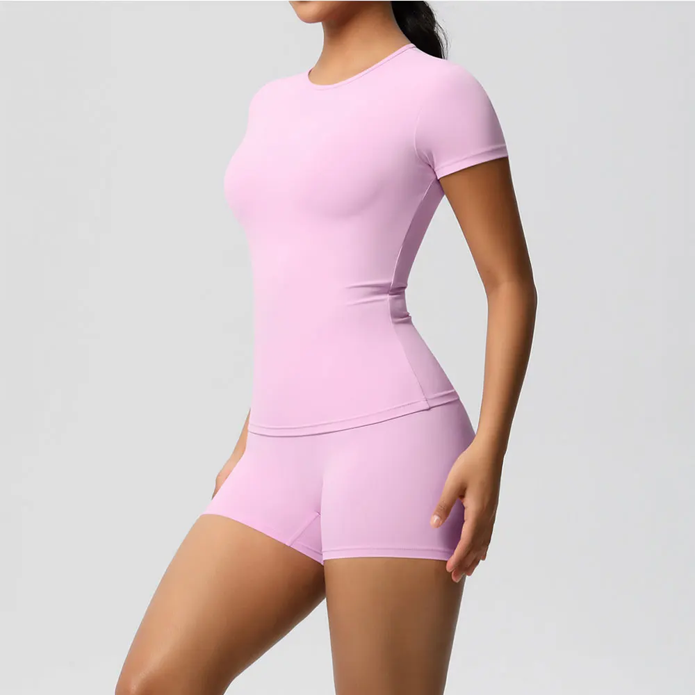 

Women 2PCS Gym Set Summer Short Sleeve Breathable Stretchy GYM Yoga Slim Fitness Active Top Quick-Drying Cycling Short