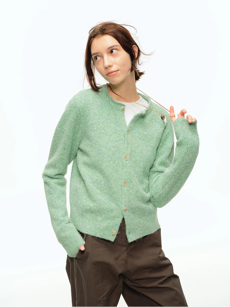 

Mint Green Knitted Open Cardigan Women's Top Vintage round Neck Sweater Spring Autumn New Style Age Reduction Quality Fashion