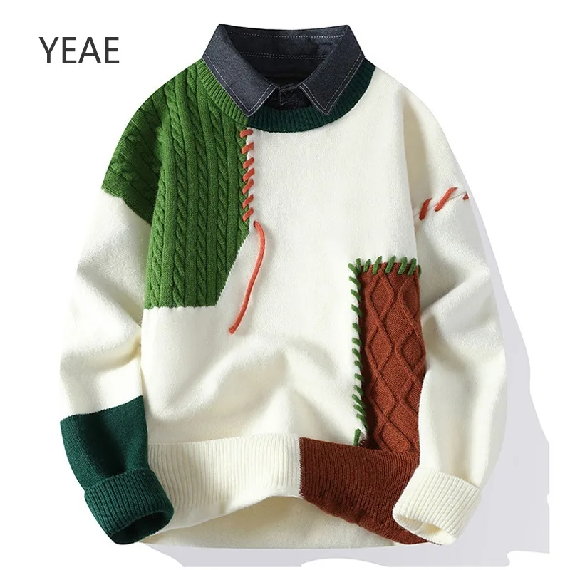 YEAE Autunno e Inverno Denim Risvolto Tendenza moda Colore abbinato Allentato Girocollo Maglione da uomo Abiti firmati di fascia alta Top