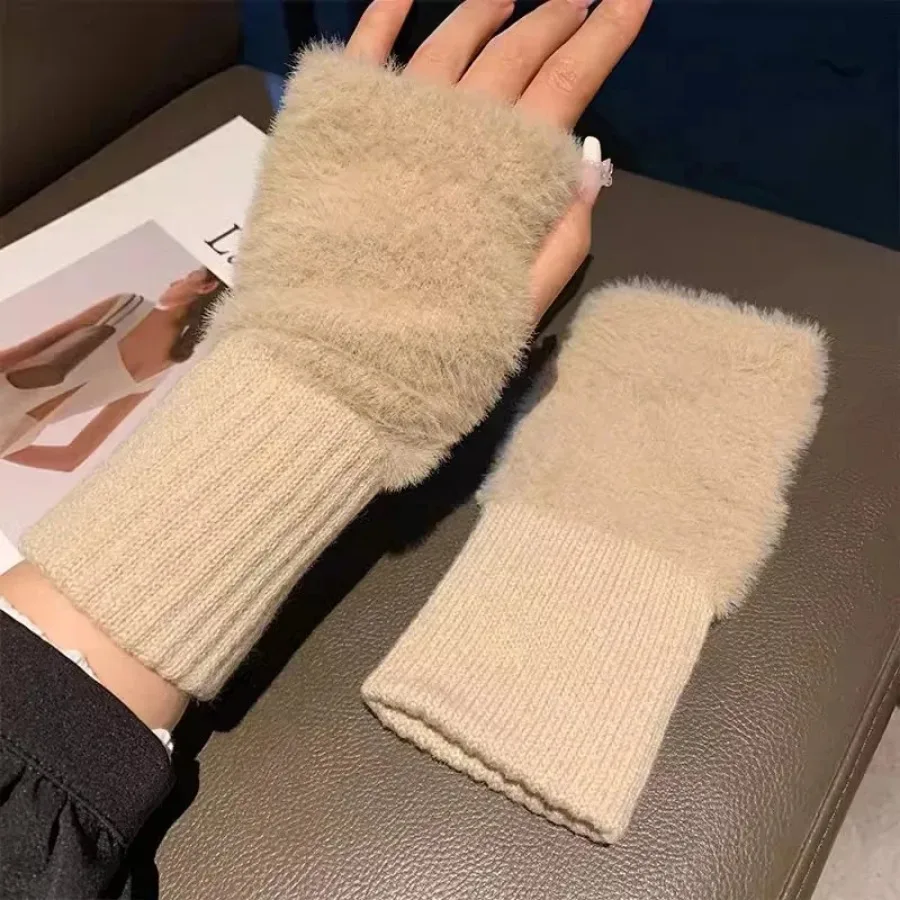 Guantes Soft Winter Half Finger Gloves Women Warm Luxury Solid White Plush Knitted Fingerless Gloves Wrist Mittens Writting