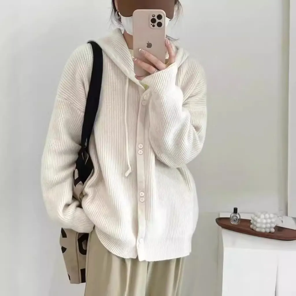 

Women's Hooded Knitted Cardigan Soft Waxy Candy Korean Style Loose Fit Spring Autumn Top Coat