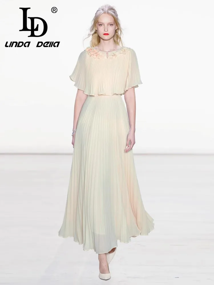 

LD LINDA DELLA Round Neck Studded Cape, Waist Cinched, Pleated, Princess Style Dress, 2025 Summer New Style