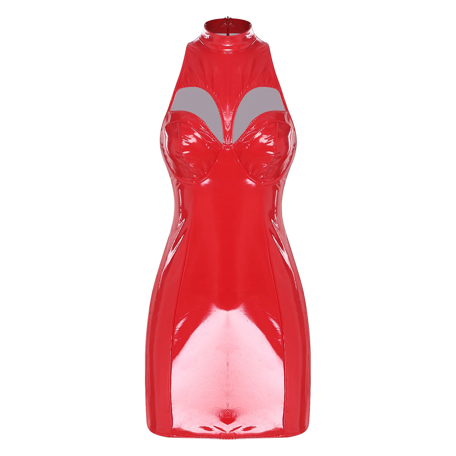 Damen Spicy Wet Look, figurbetontes Kleid, PU-Leder, glänzend, ärmellos, BH-Ausschnitt, Mikrokleid für Party, Raves, High-Look, Dating-Kleider