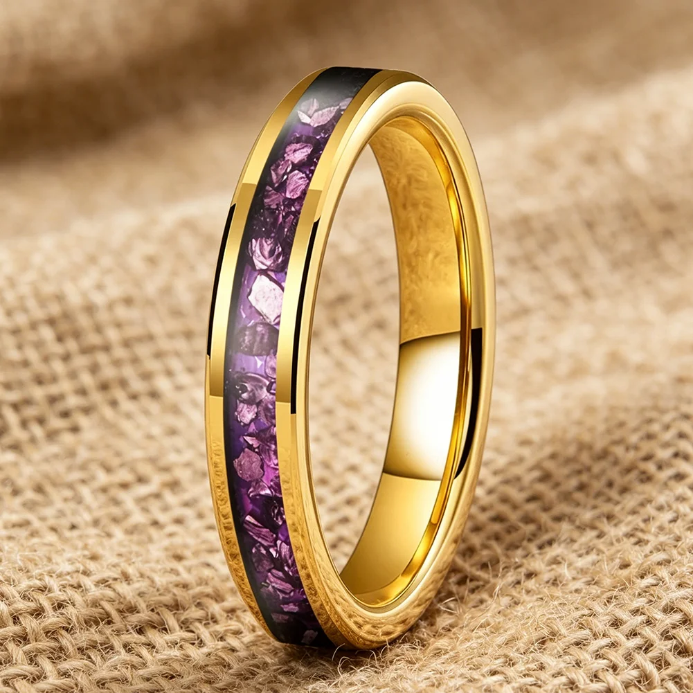 4mm Wolframringe mit Lila Edelstein-Einlage, Modeschmuck, Verlobungs- und Eheringe für Männer und Frauen, Poliert Glänzend, Komfortabler Sitz – Detail 9
