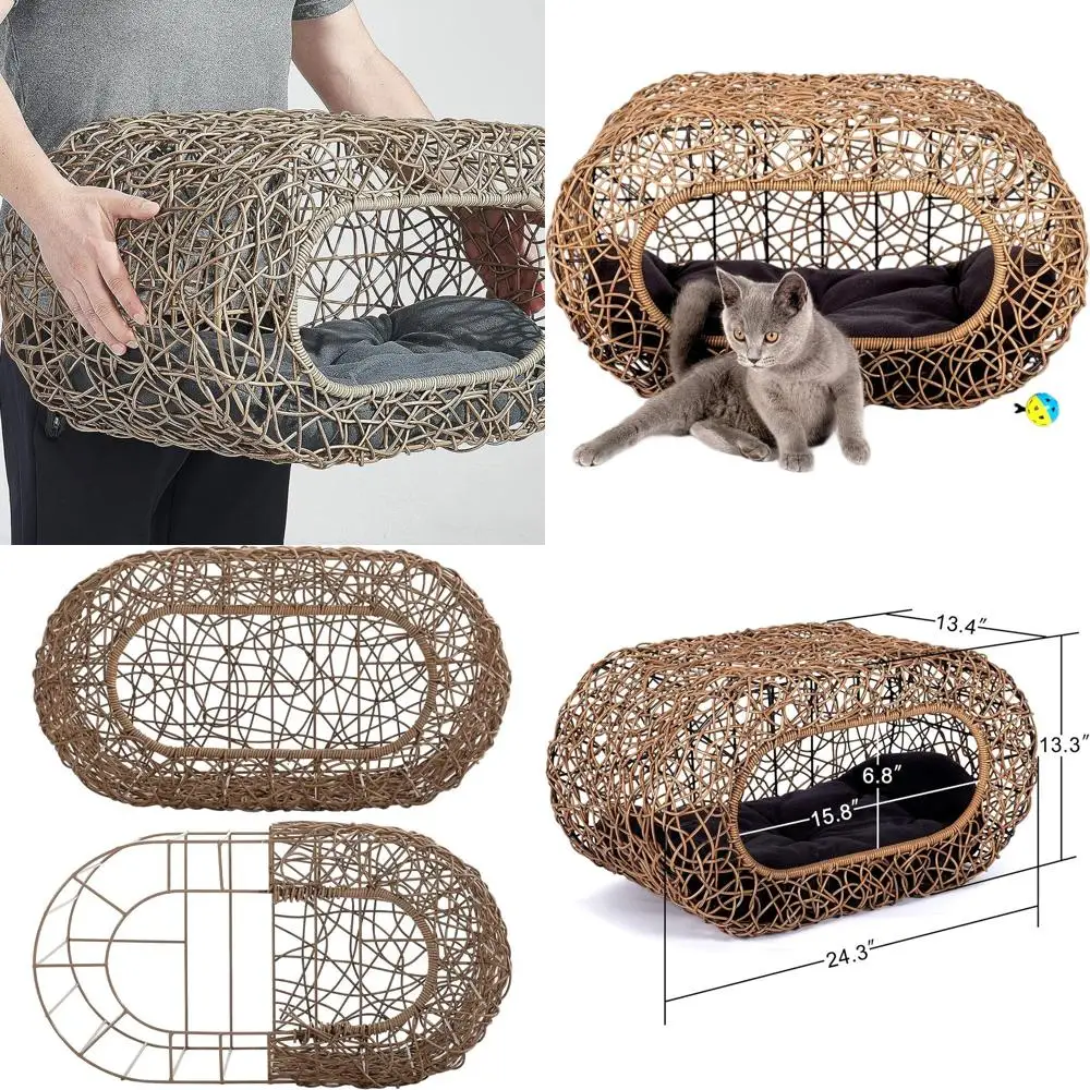 

Interactive Indoor Cat Condo with Rattan Playhouse and Enclosed Bed for Kitty Comfort