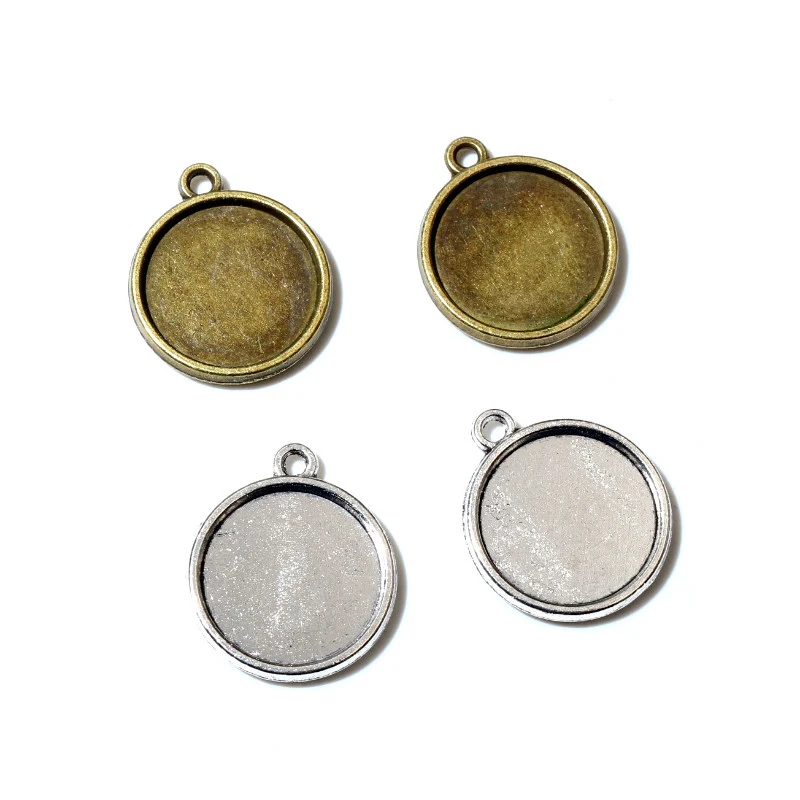 20pcs 16mm Inner Size Antique Bronze Silver Plated Round Double-Side Style Cabochon Base Cameo Setting Charms Pendant