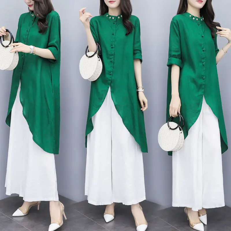 2023 Spring and Summer New Korean Women's Stand Neck Button Slim Half Sleeve Midi Embroidered Shirt Wide Leg Pants Two Piece Set