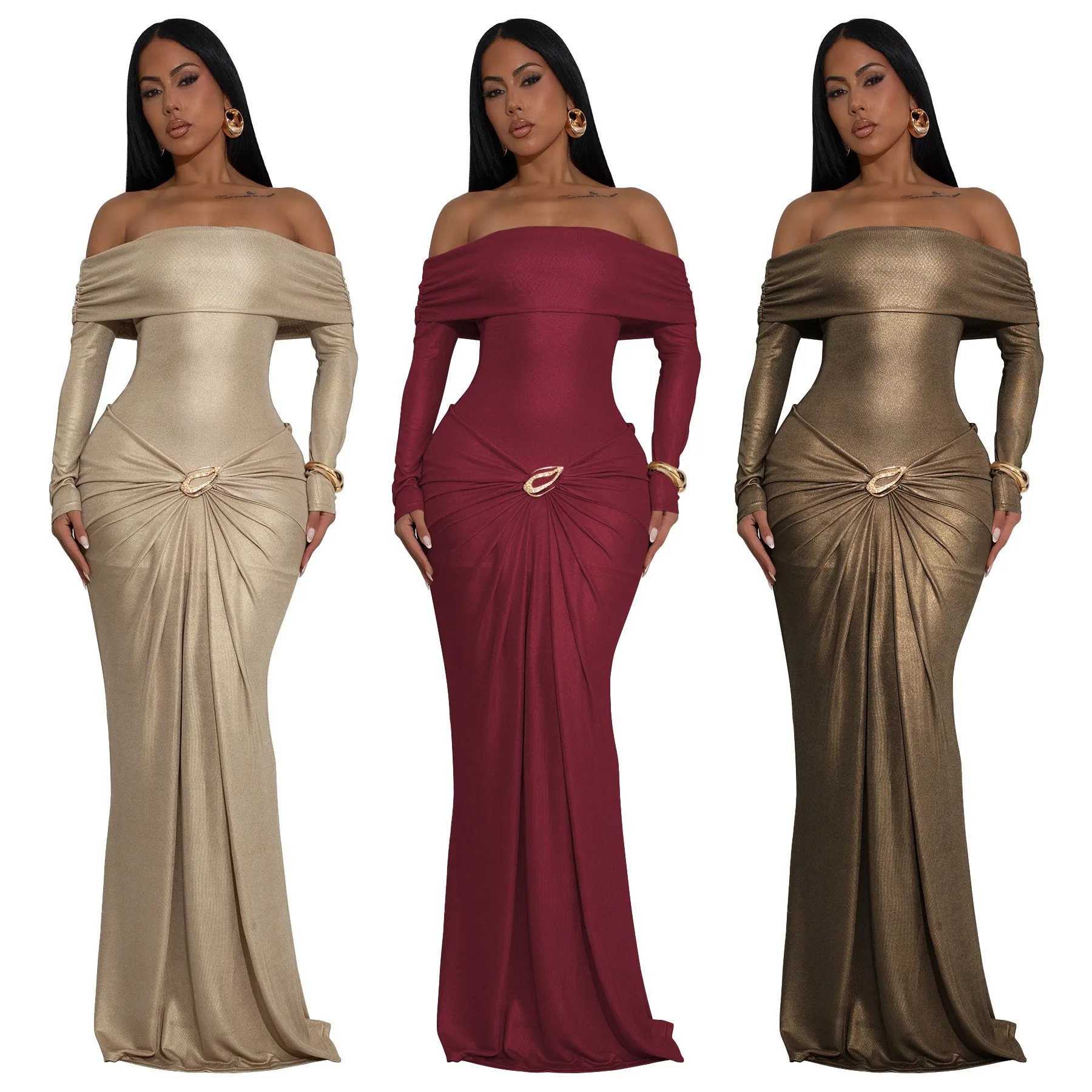 Elegant Party Dress Off Shoulder Shiny Maxi Evening Dress Mermaid Ruched Waist Gold Metallic Finish Luxury Party Women's Elegant