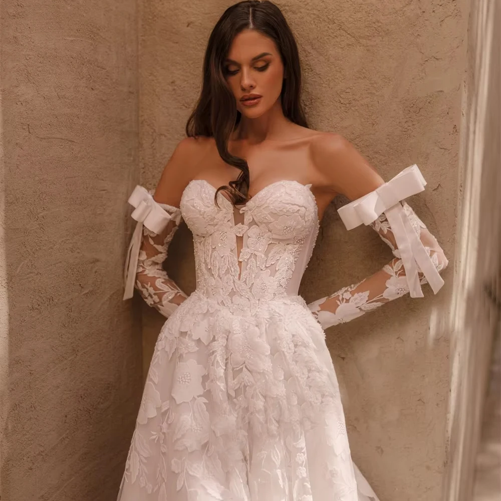 فساتين زفاف عصرية مخصصة على شكل قلب للنساء فستان زفاف على شكل حرف a مطرز بفيونكة دانتيل مزين بفيستدوس