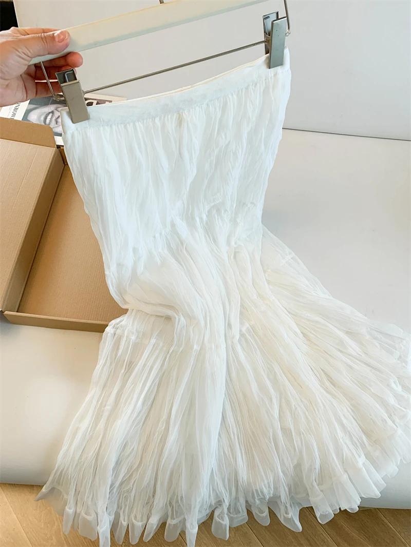 

Ele Simple Elastic Waist Pleated f-length Long Skirt Women's Spring Season Small Size Commute Korean Sle Loose Fit