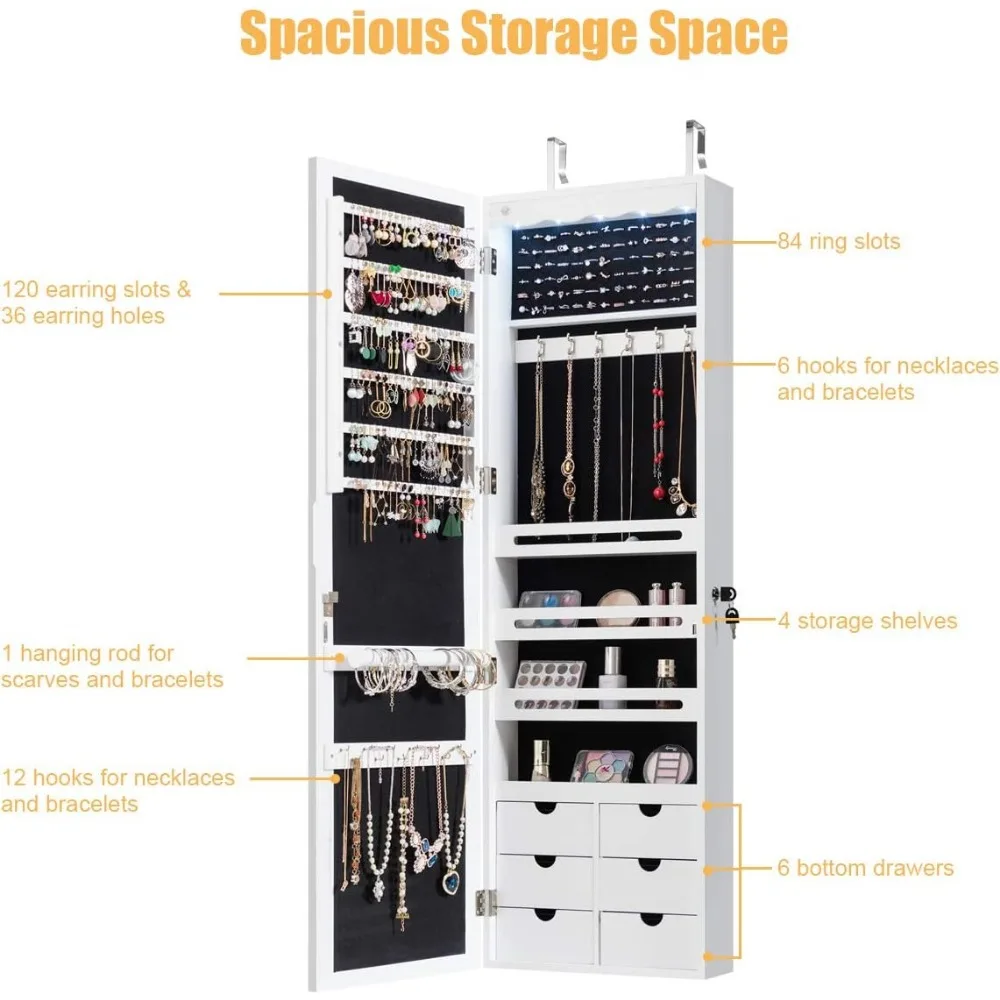 5 led diody zrcadlo šperků armoire zeď montuje dveře závěsný uzamykatelné šperků skříň s 47.5