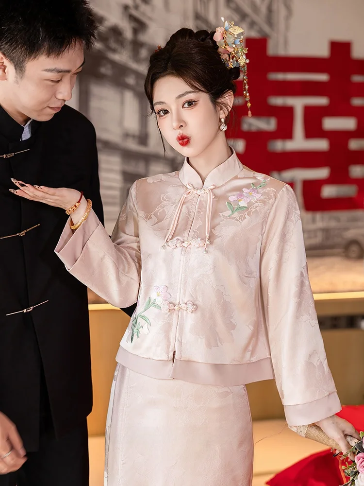 

Розовое свадебное платье с длинными рукавами в новом китайском стиле, вечернее платье для женщин до 25 лет