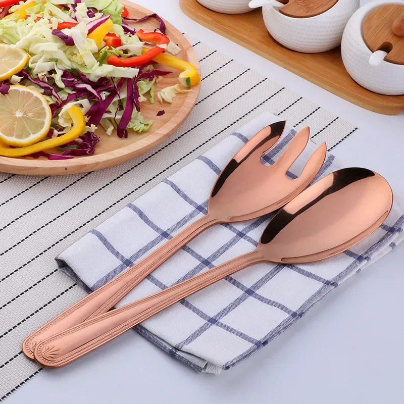 Big Salad Spoon Fork Set Stainless Steel Kitchen Food Server Pasta Utensils Public Gold Tableware Using Buffet Restaurant Tools