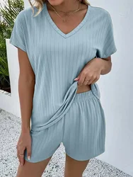 2023 Summer Women Casual Two Pieces Set Thin Knitting Leisure V Neck Short Sleeve Outfit Female T Shirt Top Shorts Suit Homesuit