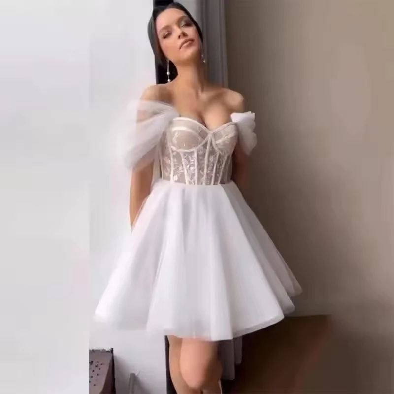 

Short Wedding Dress A Line Lace Bride Dresses Off The Shoulder Mini Sweetheart Neck Vestido de novia 2025 Wedding Gowns
