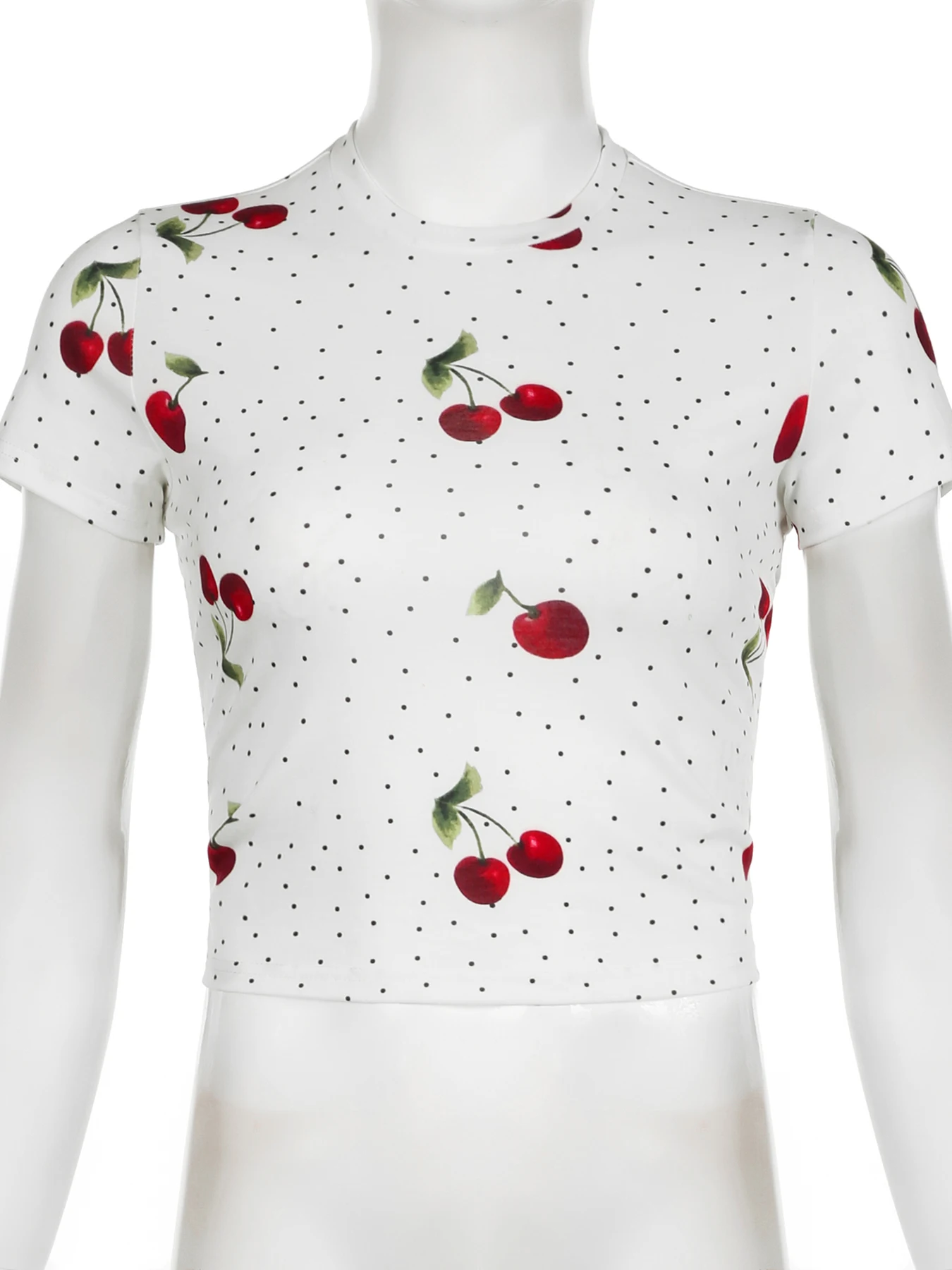 IAMSURE Casual Sweet Cherries Printed Dot Cropped T Shirt Sexy Slim O-Neck Short Sleeve Tees Women Summer Fashion Streetwear