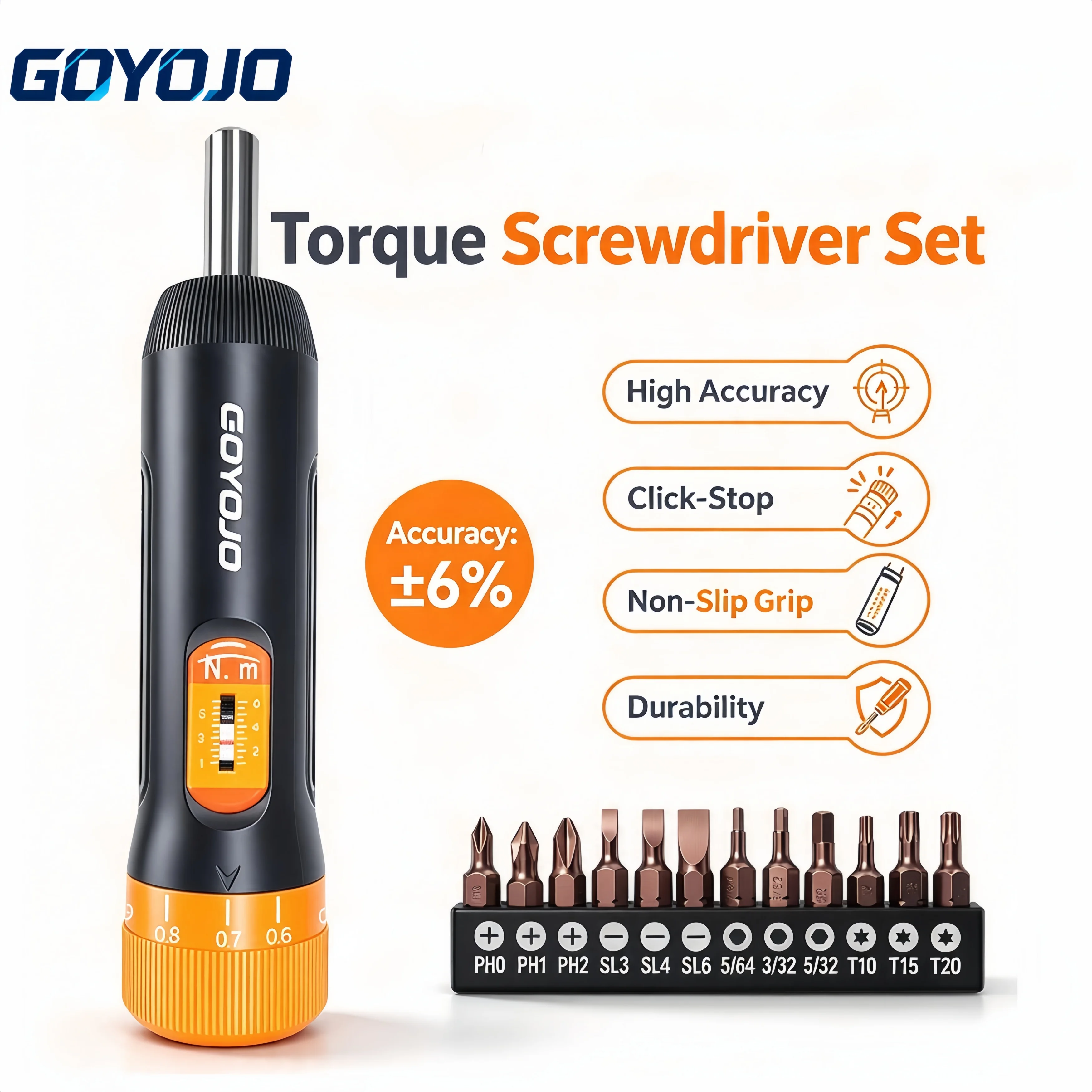 GOYOJO Torque Screwdriver 1/4' 6.35 Hexagonal 1-6N.m 10~70in.lb Torque Range Presetting Torque Values For Tool Repair & Bike