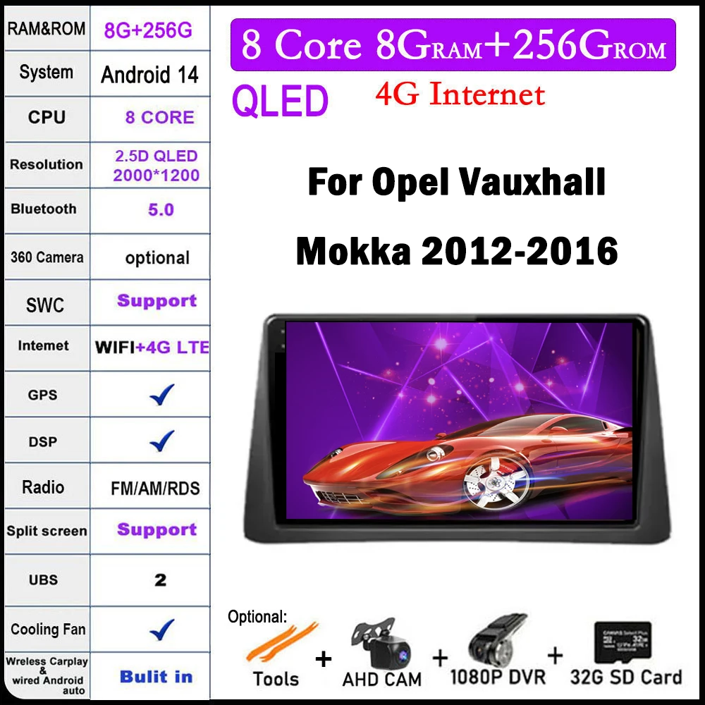 

For Opel Vauxhall Mokka 2012-2016 Android 14 Car Radio Multimedia Video Player GPS Navigation 4G LTE