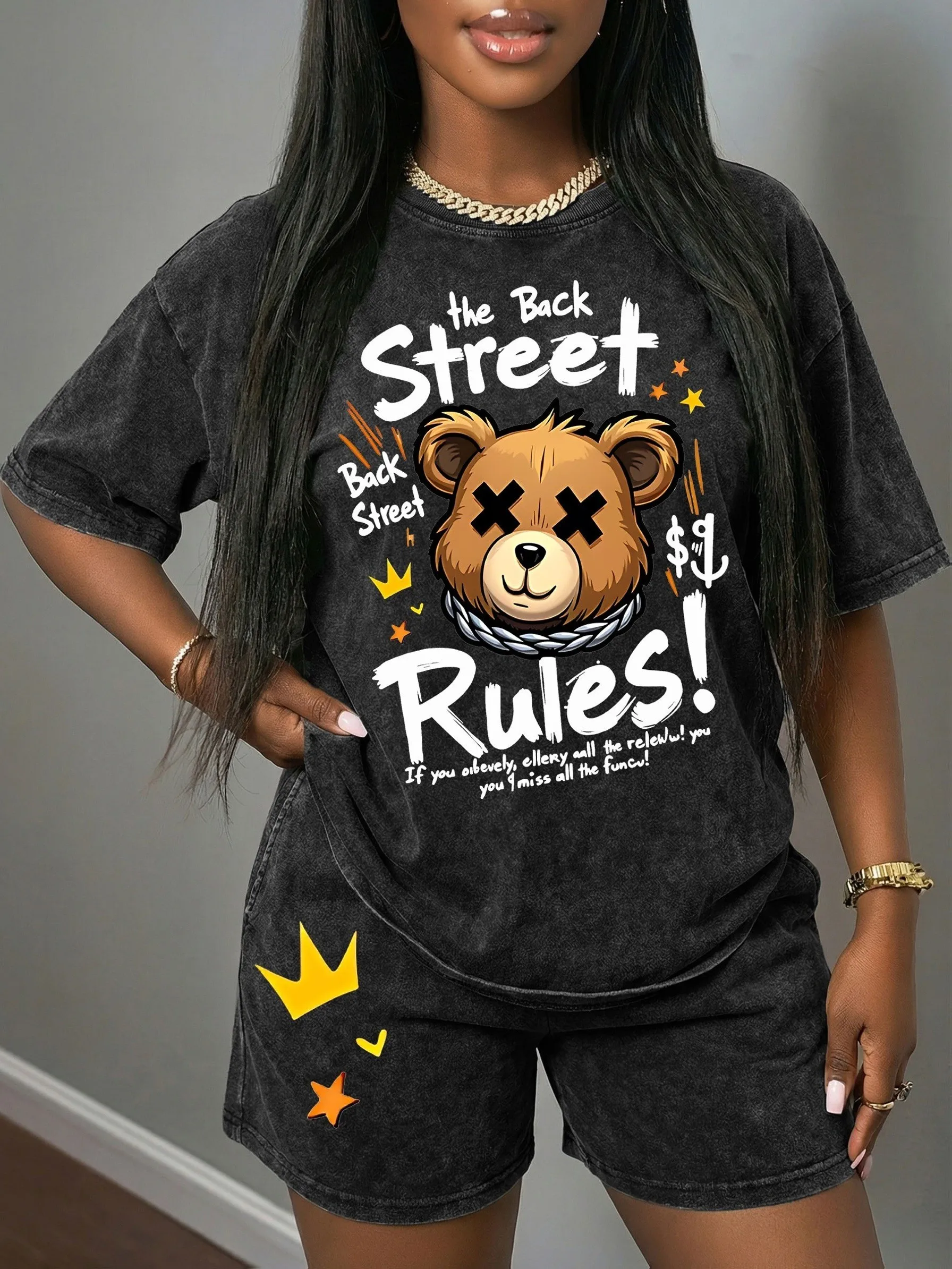 Summer women's suit with lettered bear print light and breathable comfortable and fashionable retro streetwear clothing