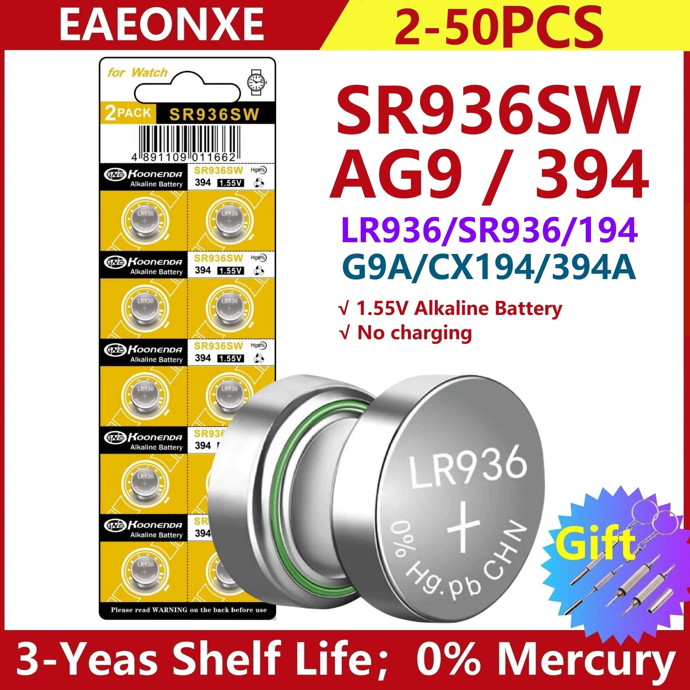 Batería de botón remota para reloj de monedas, 2 piezas-50 piezas, 1,55 V, AG9, LR936, 394, SR936SW, CX194, LR45, G9A, 194, 394A, SR936, L936F