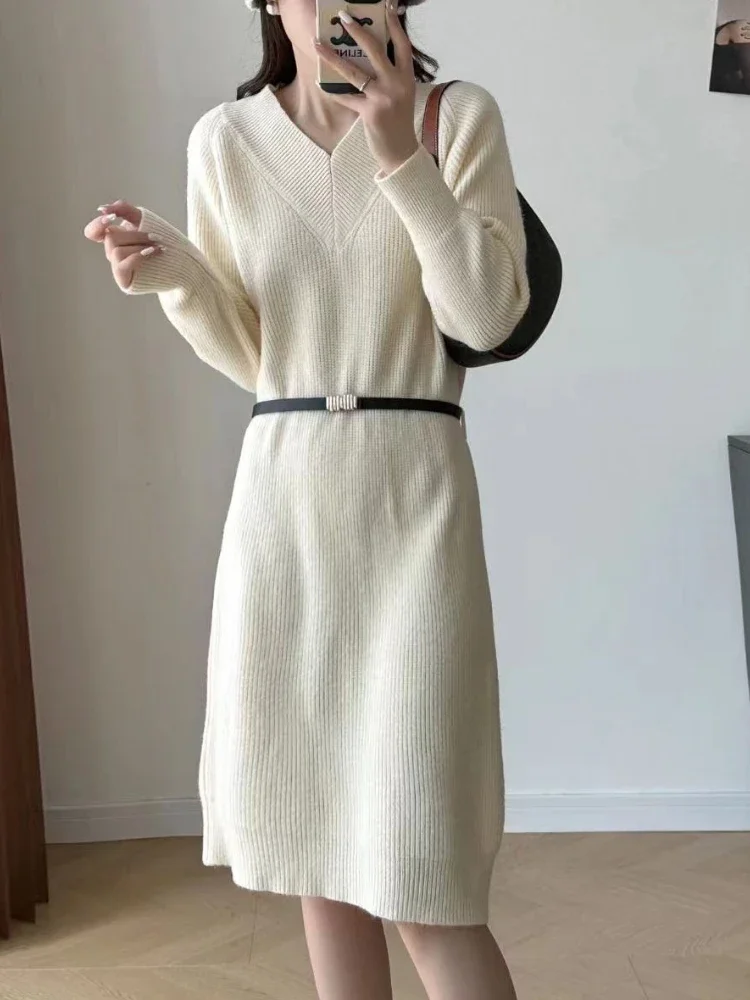 

Party Temperament Slim Tweed Long Sleeved Woman knit Dress Vintage V-Neck Overknee Maxi Dresses for Women Vestidos Winter