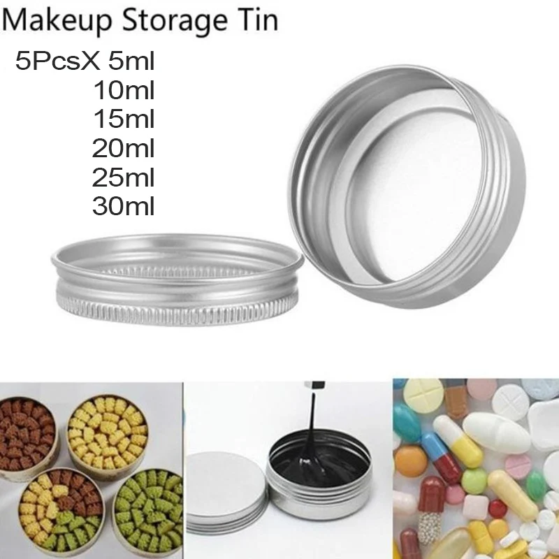 5Pcs Aluminum Mini Round Tin Metal Container Bottles Storage Jar Screw Lid Box Silver Empty Cosmetic Cream Lip Balm Jar Pot Case