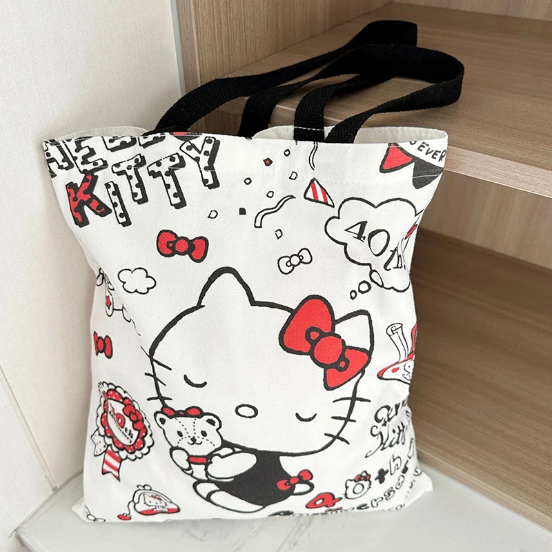 Hello Kitty Canvas Bag Sanrio Kawaii Cute Large Capacity Student Handbag Cartoon Tote Women's Shoulder Shopping Bags Girls Gifts